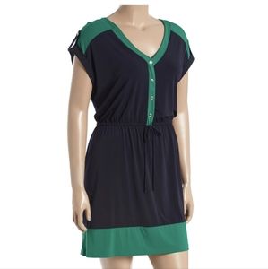 Navy & Green Color Block Button-Front Dress - Plus